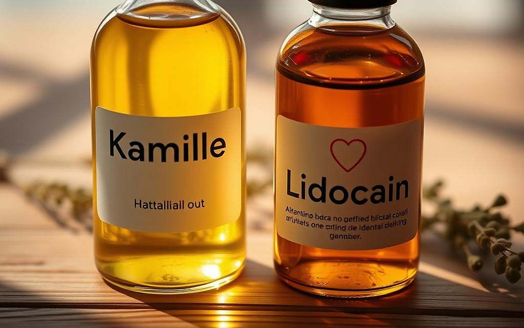 A close-up of two glass bottles filled with golden-yellow liquid, placed on a wooden surface. One bottle is labeled "Kamille" while the other is labeled "Lidocain". Soft, warm lighting illuminates the scene, casting gentle shadows. The bottles are arranged in a harmonious, balanced composition, conveying a sense of natural and medical remedies in a soothing, therapeutic setting. The overall mood is one of calm, natural healing and the blending of traditional and modern approaches to oral healthcare.