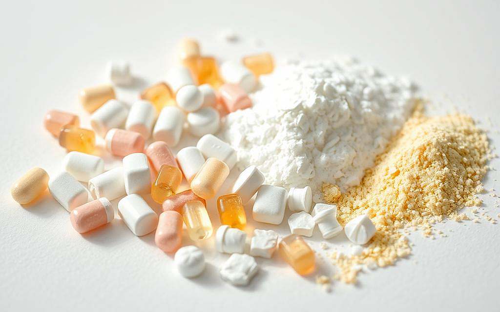 A close-up photograph of an assortment of Schüßler salts, also known as cell salts or tissue salts, presented in various dosage forms such as tablets, pellets, and powders. The salts are neatly arranged on a clean, minimalist surface, with a soft, natural lighting that accentuates their subtle colors and textures. The image conveys a sense of purity, simplicity, and the therapeutic nature of these holistic remedies. The overall composition is balanced and visually appealing, highlighting the practical application and everyday use of Schüßler salts.