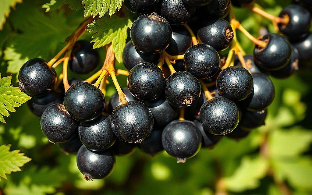 A close-up photograph of ripe, glossy black currants (Schwarze Johannisbeere) hanging in a lush, green bush. The berries are plump and glistening, casting gentle shadows on the surrounding foliage. The lighting is soft and natural, creating a warm, inviting atmosphere. The image is shot from a slightly elevated angle, allowing the viewer to appreciate the abundance and vibrancy of the antioxidant-rich fruit. The focus is sharp, showcasing the intricate details of the berries' skin and the delicate stems that connect them to the branch. This image perfectly captures the essence of the "Schwarze Johannisbeere" and its nutritional benefits.