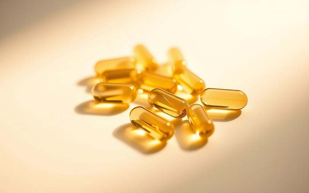 A close-up photograph of several capsules or tablets against a plain background, with a soft focus and warm lighting to highlight the golden-yellow hue of the glycine supplements. The capsules are arranged artfully, casting gentle shadows and reflecting the light subtly. The image conveys a sense of purity, natural health, and the potential benefits of glycine for joint health and pain relief. The overall mood is serene, calming, and inviting, suggesting the therapeutic properties of this amino acid supplement.