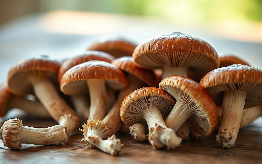 A close-up photograph of various Agaricus blazei Murill mushrooms, also known as the "mandelpilz" or "royal sun agaricus", arranged neatly on a wooden surface. The mushrooms are in varying stages of maturity, showcasing their distinct brown caps, fleshy stems, and delicate gills. The lighting is soft and natural, creating a warm and inviting atmosphere. The focus is sharp, emphasizing the intricate textures and details of the mushrooms, allowing the viewer to appreciate their unique characteristics. The background is slightly blurred, keeping the attention on the central subject. The overall composition conveys a sense of reverence and curiosity towards this medicinal fungus and its potential applications.