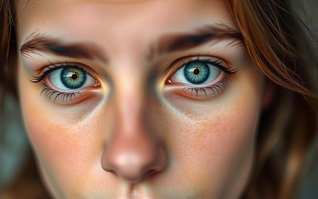 A close-up portrait of a person with heterochromia, the condition where the irises of the eyes display two distinct colors. The subject's gaze is captivating, with one eye a vibrant green and the other a striking blue. Soft, diffused lighting illuminates the face, highlighting the unique and mesmerizing features. The background is blurred, placing the focus entirely on the striking eyes and the inherent beauty of this genetic anomaly. The image conveys a sense of wonder and intrigue, inviting the viewer to ponder the mysteries behind this rare and fascinating trait.