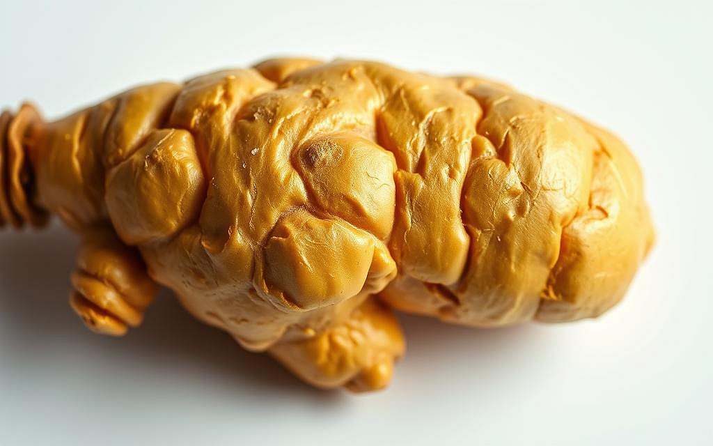 A close-up shot of a freshly harvested ginger root, its knobby surface glistening with moisture. The root's distinct golden-yellow hue radiates warmth, contrasting against a clean, minimalist background. The lighting is soft and diffused, casting gentle shadows that accentuate the root's intricate patterns and ridges. The composition draws the viewer's attention to the ginger's natural beauty, highlighting its potential as a powerful natural remedy for nausea and pain relief. The overall scene conveys a sense of simplicity, purity, and the restorative power of this versatile spice.
