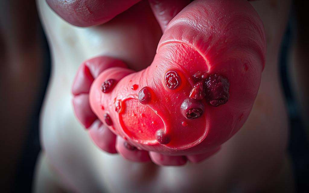 A close-up shot of a human stomach, with various shades of red, pink, and purple hues depicting common gastric ailments. The lining of the stomach is prominently featured, showcasing inflammation, ulcers, and other visible signs of distress. The image is captured with a shallow depth of field, keeping the focus on the intricate details of the stomach's interior. Soft, diffused lighting illuminates the scene, creating a sense of vulnerability and delicacy. The overall atmosphere is one of concern and introspection, reflecting the need to address the underlying causes of these common gastrointestinal disorders.