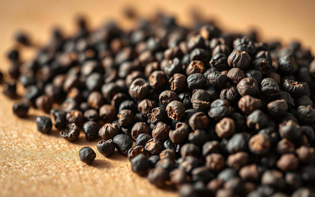 A close-up shot of a pile of whole black peppercorns, with a soft, diffused lighting illuminating the textured surface. The peppercorns are arranged in an artful, slightly irregular pattern, casting subtle shadows that accentuate their natural contours. The background is a warm, neutral tone, allowing the rich, dark color of the peppercorns to pop. The overall composition conveys a sense of simplicity, elegance, and the inherent power of this humble spice. The image should evoke a feeling of the premium quality and biovailability of this essential culinary ingredient.