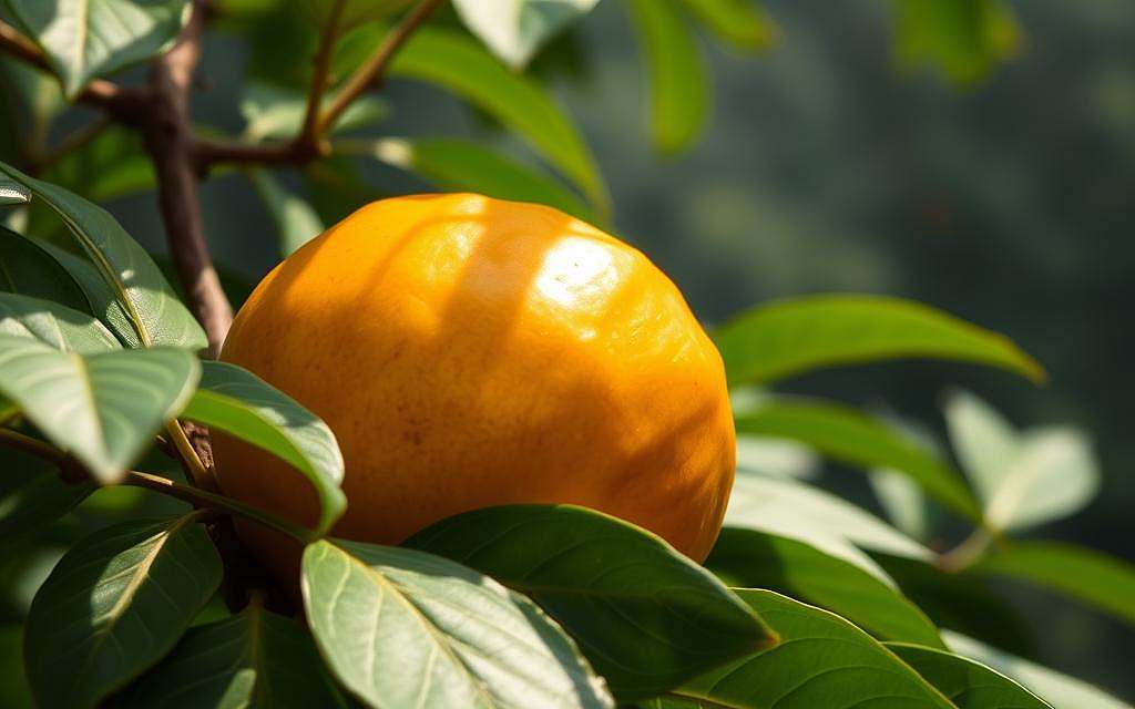 A close-up shot of a vibrant, golden-orange camu camu fruit, its thick, glossy skin reflecting the warm, tropical sunlight. The fruit is nestled among lush, verdant leaves, their deep green hues complementing the fruit's vivid color. The background is a blurred, misty forest scene, hinting at the exotic, Amazon rainforest origins of this nutrient-dense superfruit. Soft, diffused lighting casts gentle shadows, emphasizing the fruit's plump, round form and inviting the viewer to appreciate its natural beauty and potential as a rich source of natural vitamin C.