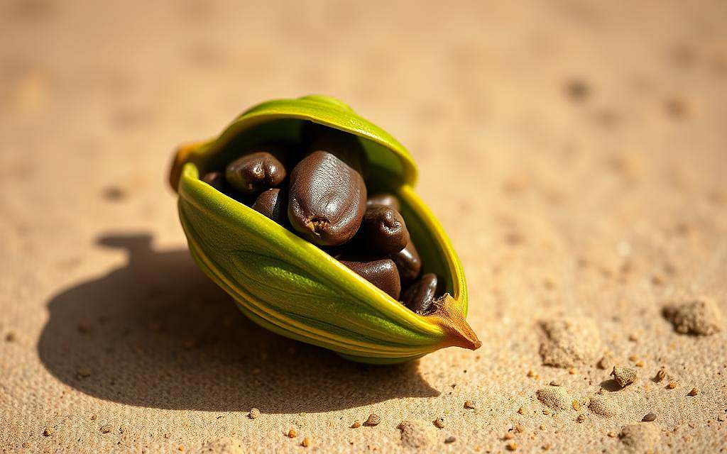 A close-up shot of a vibrant green cardamom pod, its woody shell split open to reveal the dark-brown, glistening seeds nestled within. The pod casts a soft, warm shadow on a neutral, earthy background, creating a sense of depth and natural lighting. The composition emphasizes the tactile qualities of the spice, inviting the viewer to imagine its distinctive aroma and flavor. Subtle hints of golden-brown hues complement the pod's verdant tones, evoking a sense of nourishment and wellness. The overall mood is one of simplicity, clarity, and the restorative power of nature's finest ingredients.