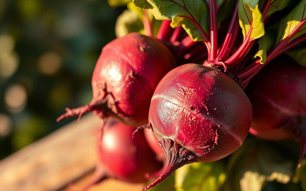 A close-up shot of fresh, juicy red beets with their lush, green stems and leaves. The beets are illuminated by warm, soft lighting, highlighting their vibrant, earthy hues and the delicate veining in the leaves. The background is a blurred, natural setting, creating a serene, organic atmosphere. The image conveys the beets' nutrient-dense nature and their role as a powerful detoxifier, aligning with the article's focus on the healthiest vegetables. The overall composition and lighting evoke a sense of vitality and nourishment.