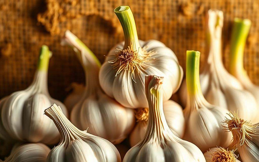 A close-up shot of fresh, vibrant garlic bulbs against a textured, earthy background. The garlic cloves, with their papery white skins and lively green stems, are illuminated by soft, warm lighting, casting gentle shadows and highlighting their intricate details. The composition emphasizes the garlic's natural power and antimicrobial properties, conveying a sense of vitality and wellness. The overall mood is one of natural, wholesome goodness, inviting the viewer to appreciate the humble yet mighty garlic as a key ingredient for well-being.