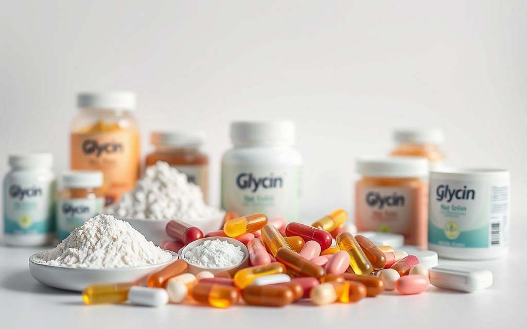 A close-up shot of various Glycin supplements, including powders, capsules, and tablets, arranged on a clean, minimalist white background. The lighting is soft and diffused, highlighting the vibrant colors and textures of the different Glycin products. The composition is balanced, with the supplements neatly organized in the foreground, while the middle ground features a simple, out-of-focus backdrop, creating a sense of depth and focus on the main subject. The overall mood is professional, informative, and visually appealing, reflecting the topic of "Supplementierung von Glycin: Formen und Anwendung".