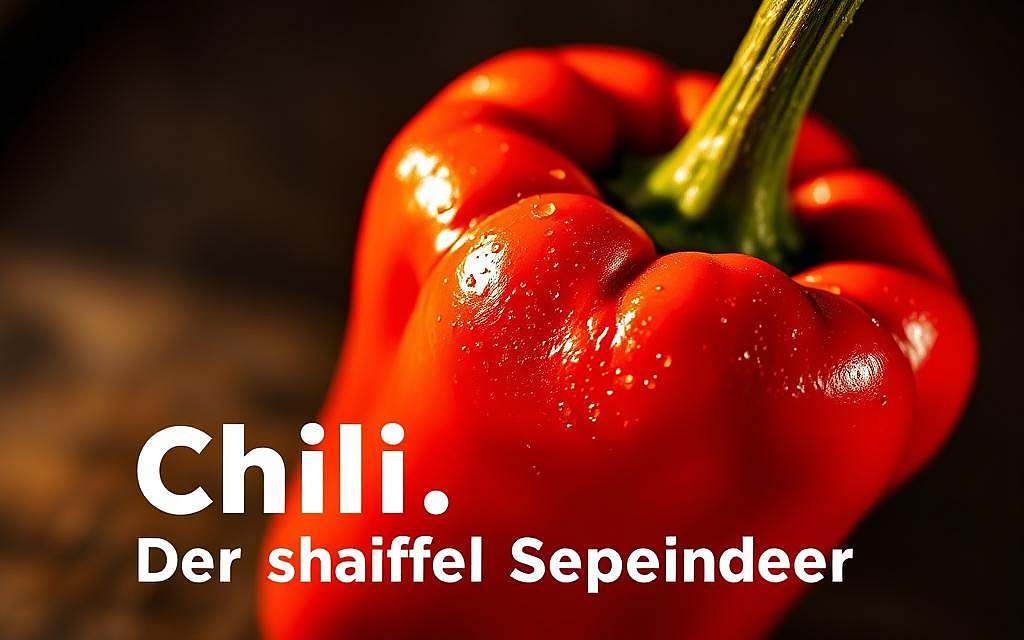 A close-up view of a fresh, red-orange chili pepper glistening with droplets of moisture, showcasing its pebbled, wrinkled skin texture. The pepper is positioned prominently in the center of the frame, bathed in warm, directional lighting that casts dramatic shadows and highlights the capsaicin-rich flesh. The background is blurred, creating a sense of depth and focus on the subject. The image conveys the power, intensity, and slightly intimidating nature of this spicy ingredient, aligning with the section title "Chili - Der scharfe Schmerzlinderer".