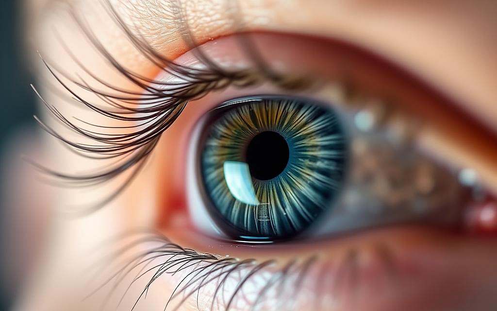 A close-up view of a human eye, revealing the intricate patterns and colors that make up the iris. The eye is in sharp focus, with delicate details and textures visible, showcasing the fascinating interplay between genetics and epigenetics in the development of eye color. The lighting is soft and natural, highlighting the subtle hues and gradients within the iris. The background is blurred, placing the eye at the center of attention and emphasizing its mesmerizing beauty. The overall mood is one of scientific curiosity and wonder, inviting the viewer to explore the hidden complexities of this remarkable feature of the human body.