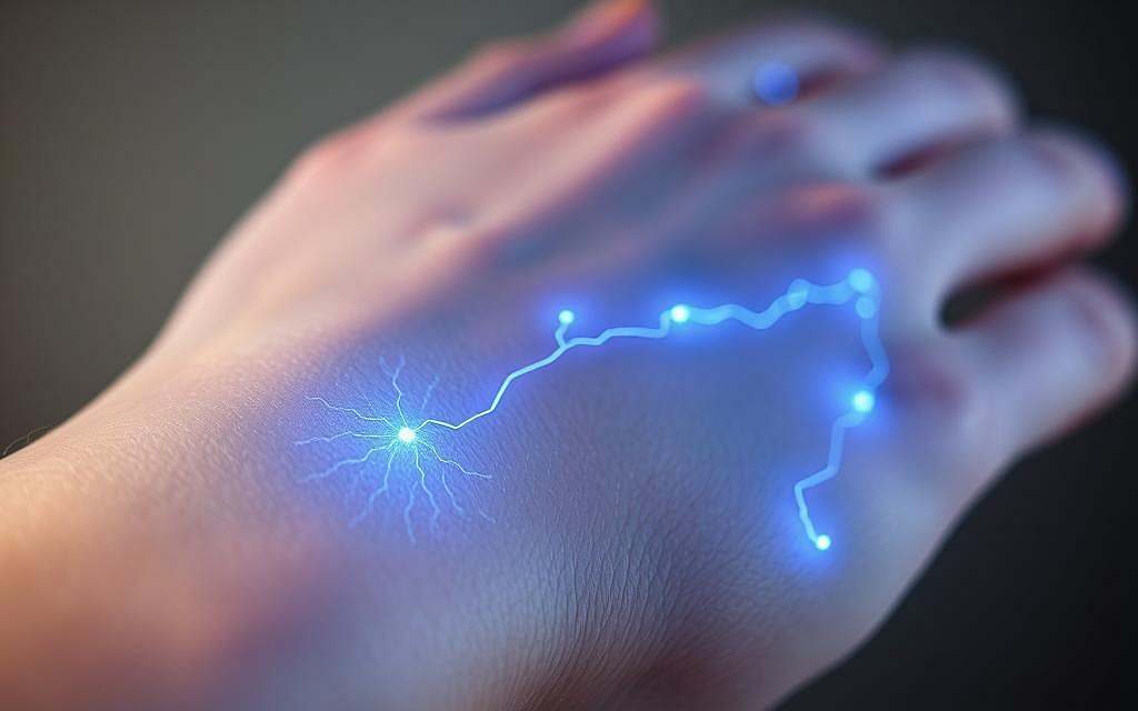 A close-up view of a human skin with a healing wound, illuminated by a gentle, pulsing electrical current. The epidermis glows with a soft, blue-tinged luminance, highlighting the intricate network of microcircuits that power the regenerative processes of the skin. In the foreground, the skin's surface appears smooth and supple, with the faint outline of the healing wound visible. The middle ground reveals the deeper layers of the dermis, where tiny electrical impulses dance across the capillaries, nurturing the cellular activity that accelerates the wound-healing and skin-rejuvenation. The background fades into a soft, muted gradient, creating a sense of depth and focus on the central subject. The overall mood is one of tranquility and vitality, showcasing the restorative power of the body's natural bioelectrical system.