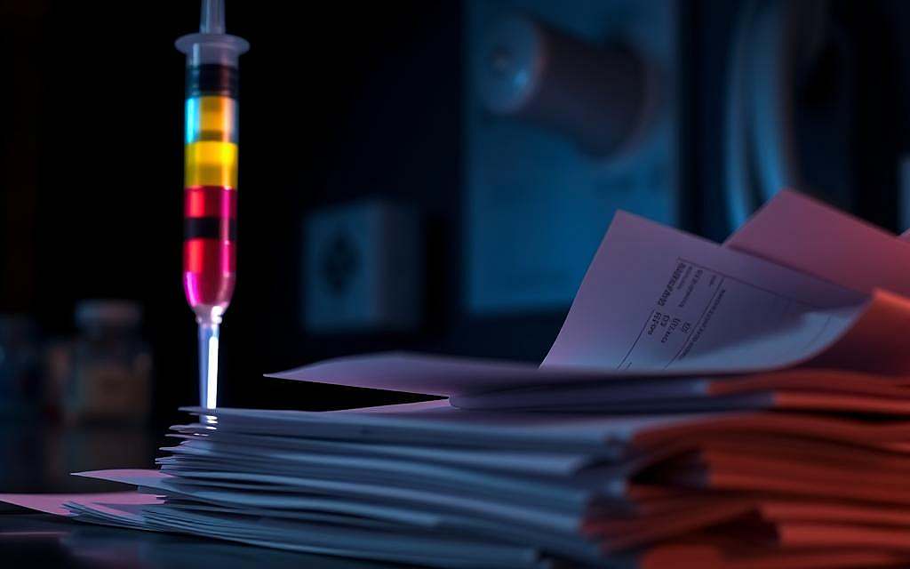 A close-up view of a syringe filled with a colorful liquid, casting an eerie glow against a dimly lit, clinical background. The syringe's needle appears sharp and imposing, evoking a sense of unease. In the foreground, a stack of medical bills and financial documents spills across the frame, symbolizing the high costs associated with chemotherapy treatment. The lighting is dramatic, with deep shadows and highlights that accentuate the contrast between the medical equipment and the financial burden. The overall mood is one of apprehension and the weight of the decision to undergo such an expensive, yet potentially life-saving procedure.