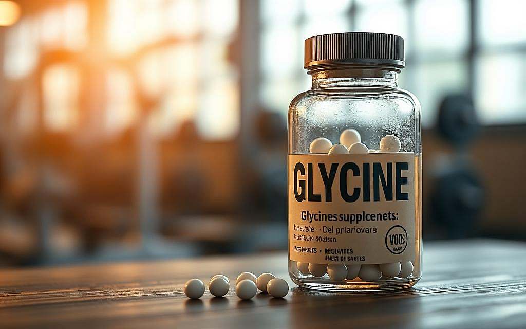 A close-up view of glycine supplements in a glass container, with a clear liquid solution inside. The container is placed on a wooden surface, with a blurred background of a gym or fitness center. Soft, warm lighting illuminates the scene, creating a sense of health and vitality. The image conveys the idea of glycine's role in muscle recovery and regeneration, highlighting its importance for athletic performance and overall well-being.