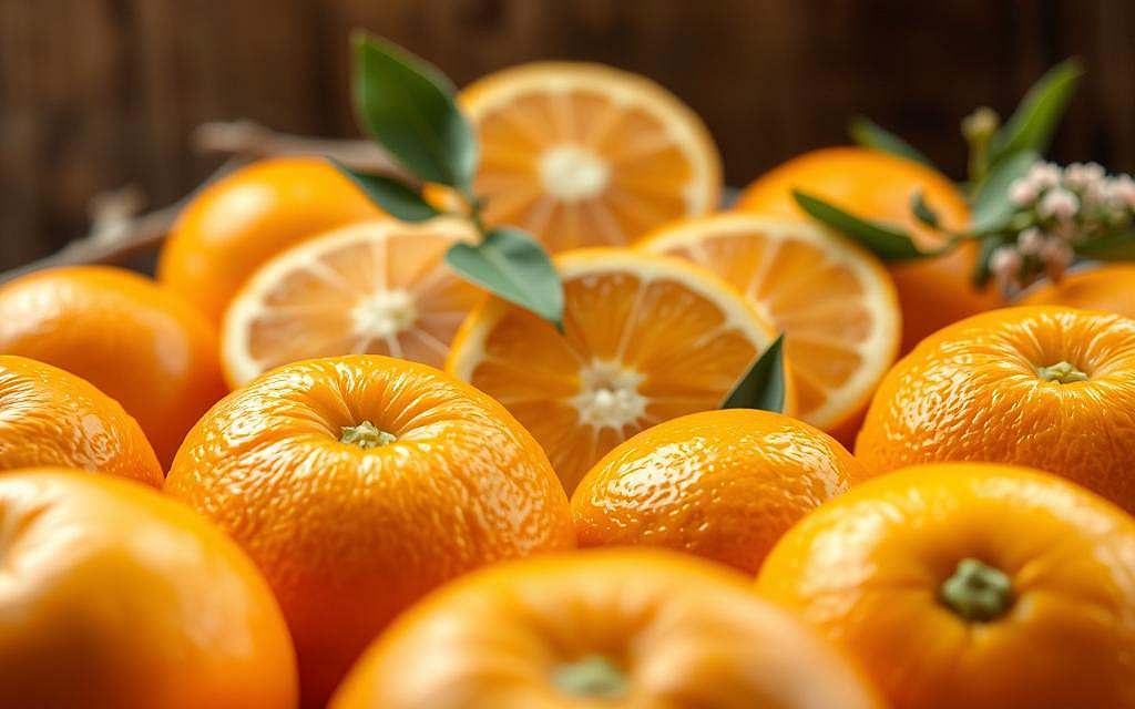 A close-up view of vibrant, juicy oranges arranged in a natural, rustic setting. The foreground features several whole oranges, their glossy skin radiating a warm, golden hue. The middle ground showcases some sliced oranges, revealing their vibrant, segmented interiors. In the background, a few leaves and stems add a touch of greenery, complimenting the overall citrus theme. The lighting is soft and diffused, creating a mellow, inviting atmosphere. The scene is captured using a slightly wide-angle lens, allowing for a balanced composition that highlights the oranges' prominent presence. This image conveys the classic, nutrient-rich nature of oranges, aligning with the "Vitamin-C-Lieferant mit breitem Nutzen" section of the article.