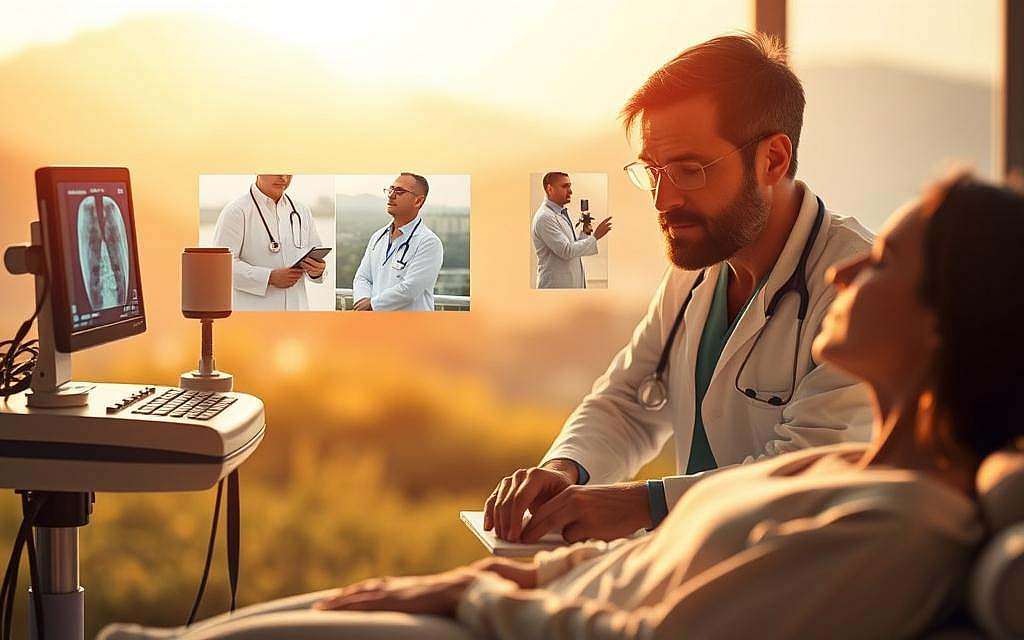 A comparative visual exploration of bioresonance therapy and conventional medical treatments. In the foreground, a serene bioresonance session, with a practitioner attentively monitoring a patient's energy field using specialized equipment. In the middle ground, contrasting conventional medical procedures, such as a physician examining a patient, or a patient undergoing a standard diagnostic test. The background fades into a soft, blurred landscape, suggesting the broader context of healthcare and the dialogue between alternative and mainstream approaches. Warm, natural lighting illuminates the scene, creating a sense of balance and harmony. The overall composition conveys the intersection of these two modalities, inviting the viewer to contemplate their similarities, differences, and potential complementarity.