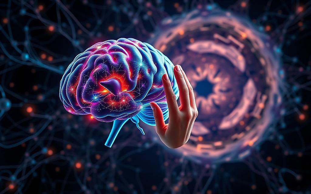 A complex neural network visualizing the intricate relationship between handedness and cognition. In the foreground, a vibrant 3D model of a human brain, with distinct hemispheres and synaptic pathways pulsing with energy. In the middle ground, a pair of delicate hands, one left and one right, elegantly intertwined, symbolizing the duality of handedness. The background is a swirling vortex of shapes and patterns, representing the multifaceted nature of the human mind and the dynamic interplay between handedness and cognitive processes. The lighting is soft and diffuse, creating an ethereal, contemplative atmosphere, inviting the viewer to ponder the deep connections between our physical abilities and our mental capacities.
