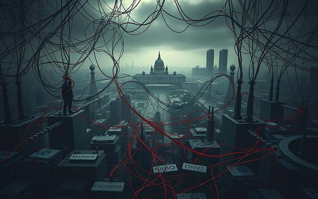 A complex web of interlocking systems, a tangled labyrinth of hidden influences. In the foreground, a maze of corporate logos, bureaucratic red tape, and opaque financial flows, obscuring the true nature of power. The middle ground reveals shadowy figures, faceless bureaucrats, and backroom deals, casting a pall of obfuscation over the landscape. In the distance, towering monoliths of government and industry loom, their true workings obscured by layers of opacity and denial. Dim, muted lighting casts an air of unease, as if the very structures of society conspire to conceal their inner workings. This is the realm of "systemische Verdrängung," where the realities of power are buried beneath a veneer of complexity and obfuscation.