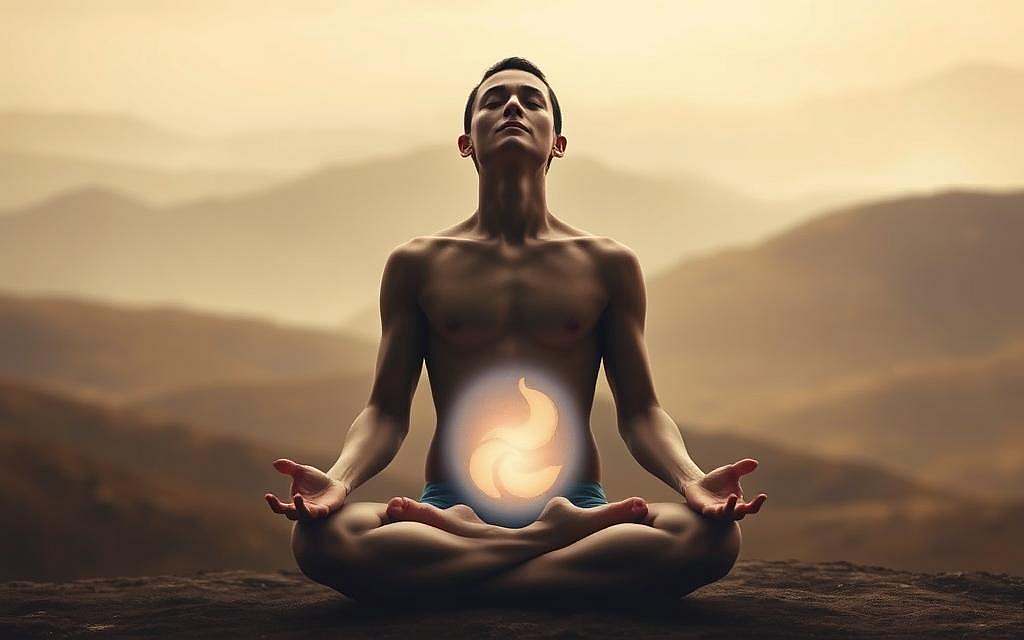 A contemplative human figure seated in a meditative pose, their eyes closed in deep introspection. The figure's abdomen glows with an internal light, representing the intuitive wisdom of the "second brain" within. The background is a serene, abstract landscape in earthy tones, evoking a sense of grounded, holistic connection. The lighting is soft and diffuse, creating a tranquil, contemplative atmosphere. The composition is balanced and centered, emphasizing the importance of the intuitive gut as a source of profound insight and understanding.