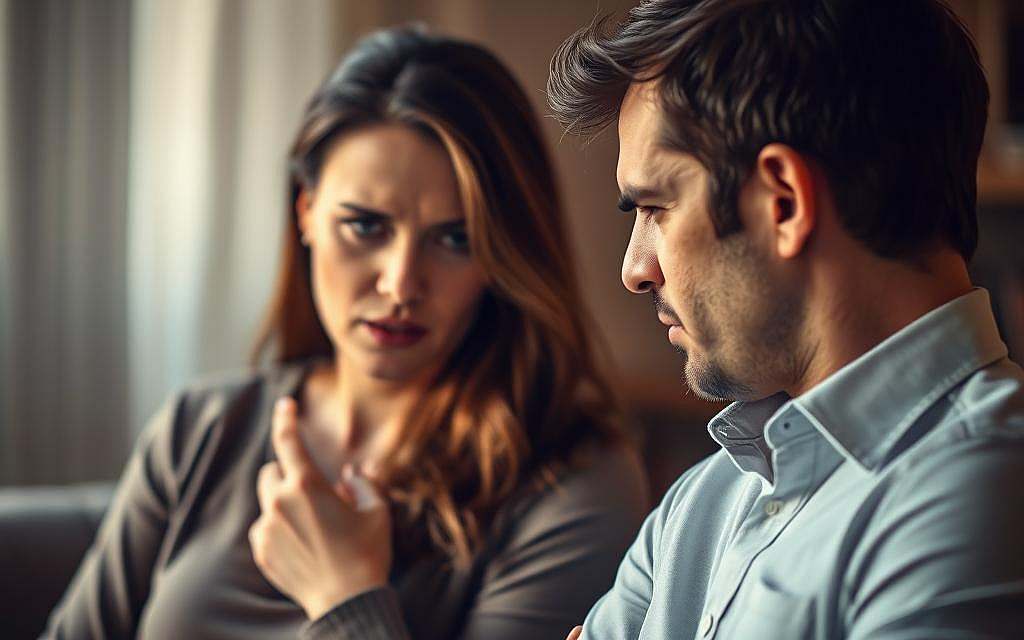 A couple engaged in heated discussion, their expressions tense and bodies turned towards each other, conveying the emotional strain of a partnership under duress. Soft, warm lighting bathes the scene, creating an intimate, introspective atmosphere. The background is blurred, keeping the focus on the interaction between the two figures. Their body language and facial features suggest a sense of defensiveness and the need to be right, rather than finding common ground. An image that visually encapsulates the psychological dynamics of a relationship where the need to be correct takes precedence over mutual understanding.