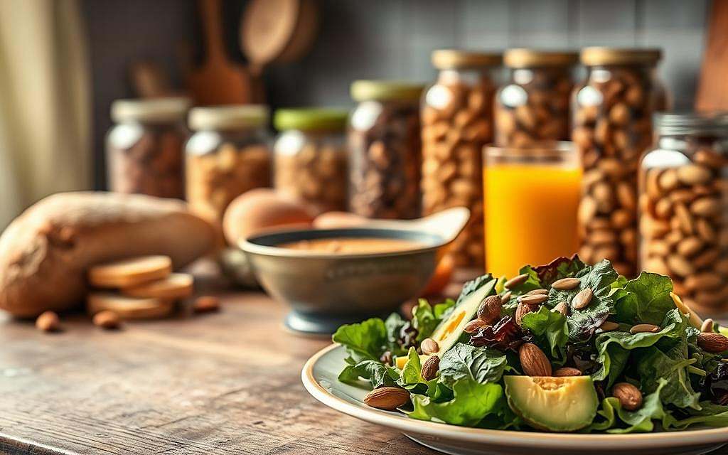 A cozy kitchen scene with a variety of iron-rich foods artfully arranged on a rustic wooden table. In the foreground, a plate showcases a vibrant green salad with dark leafy greens, sliced avocado, and a sprinkle of pumpkin seeds. In the middle ground, a bowl of steaming lentil soup sits alongside a crusty bread loaf and a glass of freshly squeezed orange juice. In the background, a row of glass jars filled with dried apricots, almonds, and other nutrient-dense snacks create a sense of abundance. The lighting is warm and inviting, creating a soft, natural glow throughout the scene. The overall mood is one of nourishment, health, and preventative measures against iron deficiency.