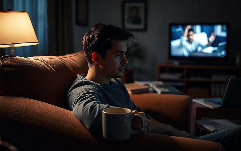 A cozy living room scene, with a person sitting on a plush armchair, lost in thought. The room is dimly lit, creating a pensive atmosphere. In the background, a TV is playing, its flickering light casting soft shadows across the walls. The person's gaze is focused inward, their face a mask of concentration, as they attempt to escape the pressures of daily life. The room is cluttered with familiar objects - a half-empty mug of coffee, a stack of magazines, a laptop - all symbols of the daily grind. The camera angle is slightly elevated, giving a sense of detachment and observation, as if we're witnessing a private moment of retreat and self-reflection.
