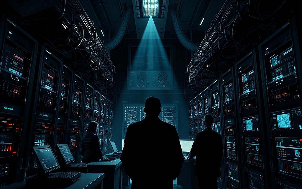 A dark, ominous control center filled with towering server racks, flashing lights, and a web of cables. Figures in the shadows manipulate complex interfaces, their faces obscured. Beams of light cut through the gloom, illuminating the intricate machinery that powers the development of artificial intelligence. The air is thick with a sense of hidden agendas and unspoken power dynamics. The scene conveys the impression of a clandestine operation, where the true architects of AI's future remain elusive, their influence felt but rarely seen.
