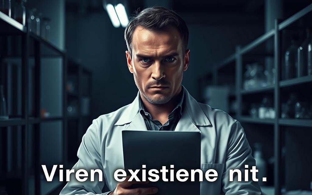 A dark, serious-looking man with an intense gaze stands in the center of the frame, dressed in a white lab coat and holding a scientific-looking document. The background is a dimly lit, austere laboratory setting, with shelves of glassware and equipment faintly visible. The lighting is dramatic, casting deep shadows and highlights that accentuate the man's stern expression. The overall mood is one of scientific skepticism and authority, reflecting the central thesis that "Viren existieren nicht" (Viruses do not exist).