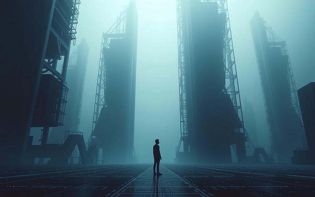 A data point in the AI economy, a lone figure dwarfed by towering, abstract data structures. Shades of gray and blue, a cold, clinical atmosphere. Harsh, directional lighting casts sharp shadows, emphasizing the subject's isolation. The foreground depicts the data point, a simple human form, overwhelmed by the looming, geometric forms of the AI infrastructure that surrounds it. In the middle ground, these data structures loom, faceless and imposing. The background fades into a hazy, indistinct void, reflecting the impersonal, dehumanizing nature of the AI-driven economy. An unsettling juxtaposition of the individual and the overwhelming technological forces that shape their existence.