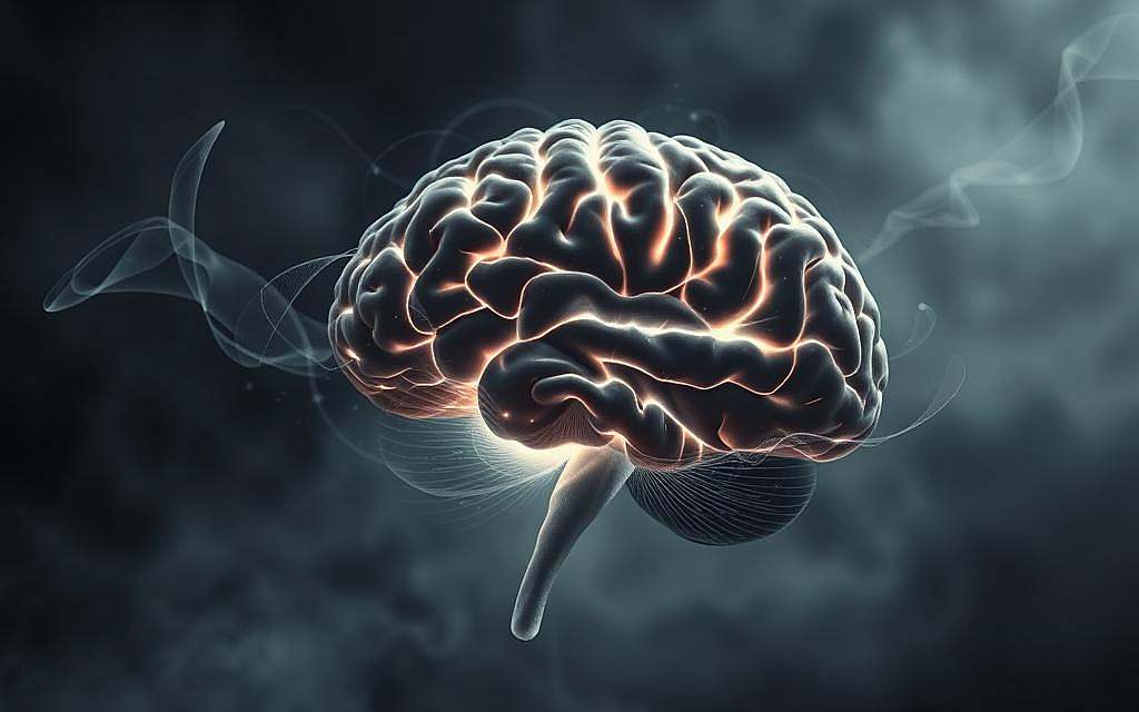A deep, introspective brain during contemplation. In the foreground, a detailed cross-section of the human brain, its neural pathways illuminated in a soft, ethereal glow. Surrounding it, swirling energy fields and abstract patterns representing the mind's inner workings - synaptic activity, waves of thought, and the interplay of consciousness. The background is hazy, dreamlike, suggesting the boundless, meditative state of the subject. Dramatic lighting casts dramatic shadows, enhancing the sense of depth and mystery. The composition is balanced, the colors muted and serene, evoking the tranquility and focus of the contemplative state.