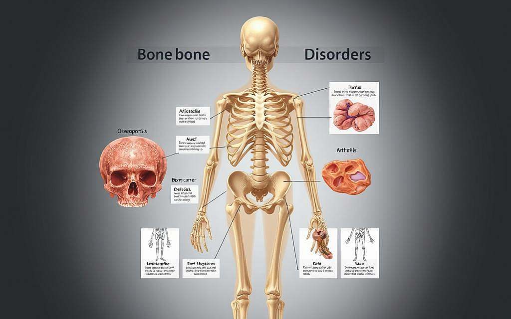 A detailed anatomical illustration of common bone disorders, depicted with scientific accuracy and visual clarity. The foreground showcases cross-sectional views of affected bones, highlighting structural abnormalities and pathological changes. The middle ground features labeled diagrams explaining the underlying causes and mechanisms of these disorders, such as osteoporosis, arthritis, and bone cancer. The background provides a subtle, monochromatic medical setting, creating a sense of clinical authority. Rendered in a realistic, high-resolution style with precise lighting and depth, conveying the seriousness and importance of the subject matter.