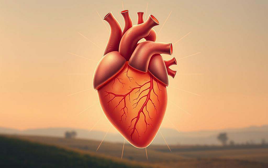 A detailed anatomical illustration of the human heart, showcasing its intricate structure and the concept of "Herzintelligenz" (heart intelligence). The image depicts the heart in a serene, warm-toned color palette, with a soft, diffused lighting that accentuates its organic forms. The heart is rendered with a high level of realism, highlighting the delicate network of blood vessels, valves, and chambers. Subtle energy lines or subtle radiating waves emanate from the heart, symbolizing its innate intelligence and ability to regulate the body's systems. The background is a muted, natural setting, such as a calm, pastoral landscape, emphasizing the heart's connection to the broader biological and spiritual realms. The overall composition conveys a sense of tranquility, wonder, and the profound role of the heart in human health and well-being.