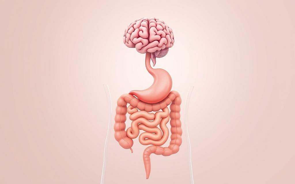 A detailed anatomical illustration showcasing the gut-brain axis, with the stomach positioned centrally as the anchor point. The foreground depicts the digestive tract, including the esophagus, stomach, small intestine, and colon, rendered in a clean, technical style. The middle ground features a stylized brain, connected to the gut via neurological pathways, conveying the bi-directional communication between the two systems. The background is a soft, muted gradient, allowing the anatomical details to take center stage. The lighting is soft and even, creating a sense of depth and dimension. The overall mood is one of scientific inquiry and holistic understanding of the body's interconnected systems.
