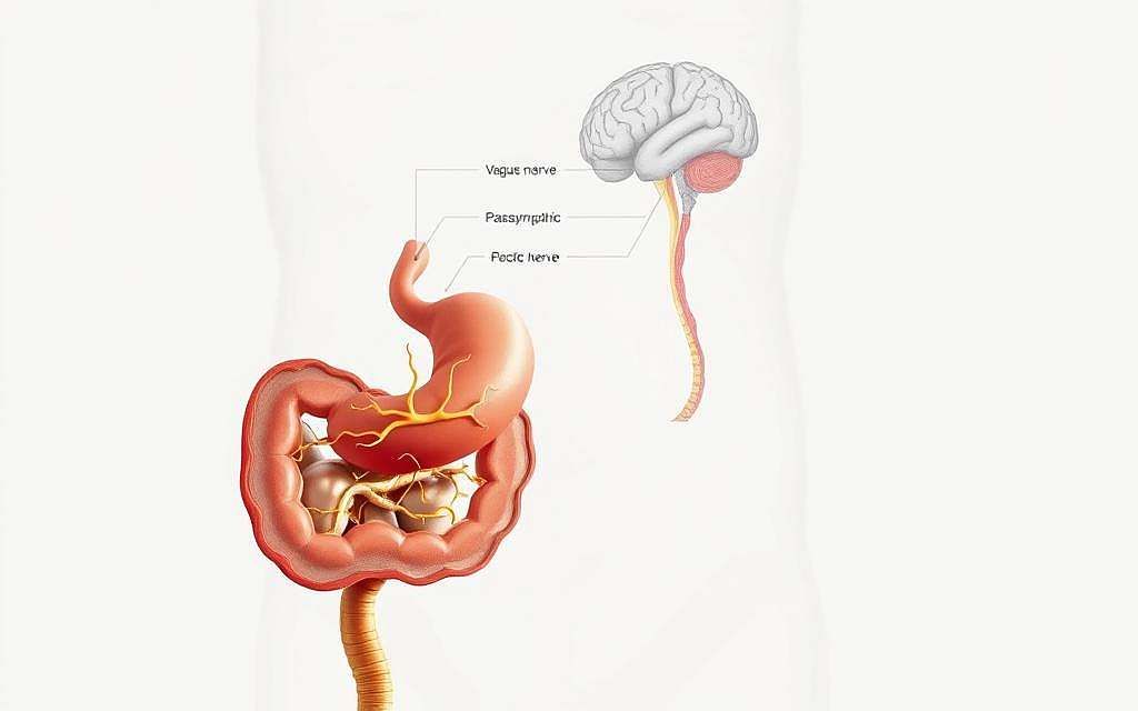 A detailed, anatomically accurate illustration of the human nervous system and stomach, captured in a clean, scientific style. In the foreground, a cross-section of the stomach reveals its intricate layers and structures, with the vagus nerve prominently displayed as it interacts with the gastric system. In the middle ground, a detailed schematic of the sympathetic and parasympathetic nervous pathways that regulate gastric function. In the background, a subtle, muted rendering of the brain and spinal cord, emphasizing the neurophysiological connection between the central nervous system and the digestive tract. Crisp lighting from the side casts a soft, contemplative mood, while a neutral, white backdrop allows the anatomical details to take center stage. The overall composition conveys the intimate, bidirectional relationship between the nervous system and the stomach.