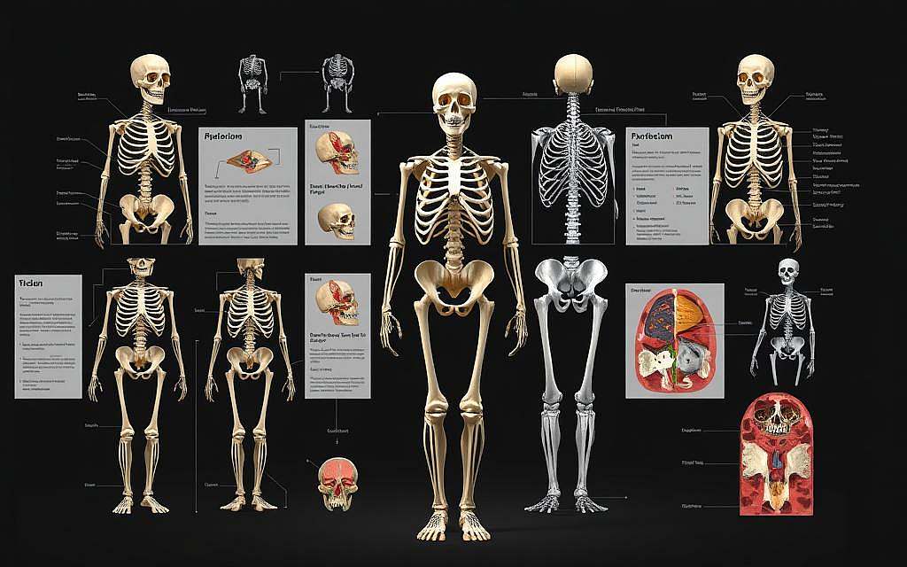 A detailed, anatomically accurate illustration showcasing the full skeletal system from multiple angles. The central focus is a lifelike 3D render of the human skeleton, depicted in high resolution with intricate bone structures, joints, and connective tissues visible. Surrounding this are informative visual elements such as labeled diagrams of individual bones, exploded views highlighting key skeletal connections, and cross-sectional slices unveiling the internal composition. The overall scene conveys a sense of scientific study and comprehensive understanding, lit by crisp, evenly diffused lighting to emphasize the clarity and precision of the subject matter. The color palette is muted and anatomical, prioritizing realism over stylization.