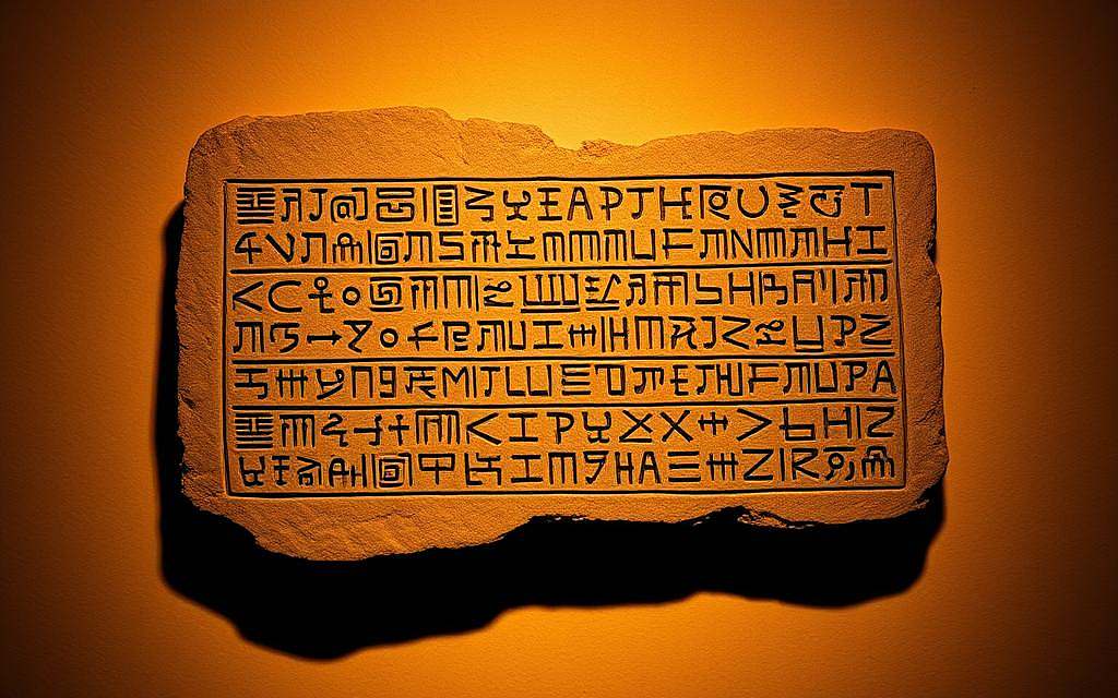 A detailed, ancient Mesopotamian cuneiform script engraved on a clay tablet, showcasing the intricate and geometric characters of the Keilschrift writing system. The tablet is illuminated by a warm, amber-hued light, casting deep shadows that accentuate the textures and contours of the clay. The inscription is centered on the tablet, surrounded by a minimal, neutral background that allows the script to be the focal point. The composition emphasizes the historical significance and timeless beauty of this early writing technology, providing a visually captivating representation of the section's topic on the origins of language and numerology.