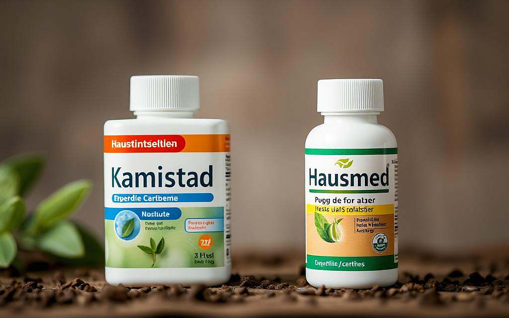 A detailed close-up comparison of two dental health products, Kamistad and Hausmittel, set against a muted, natural backdrop. The foreground features the two products side-by-side, meticulously lit to showcase their distinct packaging, textures, and colors. The middle ground blurs into a soft, earthy environment, hinting at the natural origins and home-remedy connotations of Hausmittel. The background maintains a subtle, hazy ambiance, emphasizing the thoughtful, comparative nature of the scene. The overall mood is one of professional, yet approachable, evaluation - inviting the viewer to consider the nuances between these alternative dental care solutions.