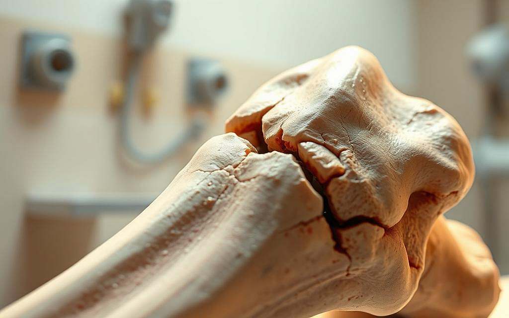 A detailed close-up view of a bone fracture and its healing process. The foreground depicts the fractured bone, with visible cracks and calluses forming around the break. The middle ground shows the surrounding tissue, including blood vessels and cells actively engaged in the regenerative process. The background features a soft, blurred medical setting, conveying a sense of care and treatment. The lighting is warm and directional, casting gentle shadows that accentuate the bone's texture and the healing progress. The overall atmosphere is one of focused attention and the body's remarkable ability to mend itself.