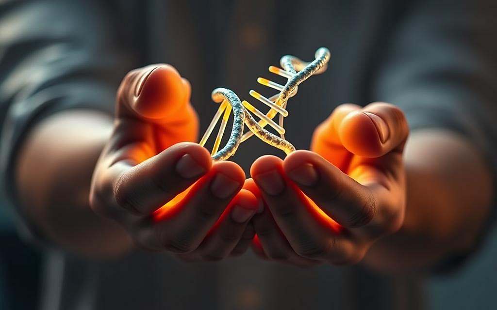 A detailed close-up view of a pair of human hands holding a DNA double helix model, illuminated by a soft, warm light. The DNA strands appear vibrant and dynamic, visually conveying the idea of genetic information and anticipation. The hands are positioned in a thoughtful, contemplative manner, suggesting the exploration and understanding of the genetic code and its implications for the future. The background is subtly blurred, keeping the focus on the central subject and creating a sense of depth and introspection. The overall mood is one of scientific inquiry, discovery, and the interconnectedness of the present and the yet-to-be-realized.