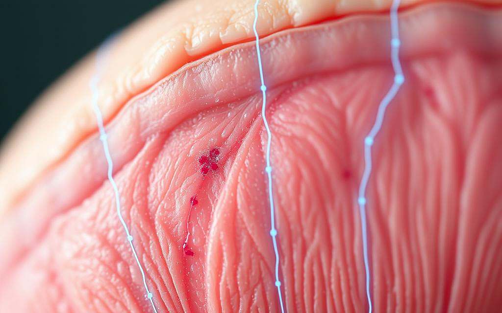 A detailed close-up view of the anti-inflammatory effects of microcurrent therapy on human tissue, with a focus on cellular-level interactions. The image should depict a cross-section of skin and underlying muscle, with a subtle grid-like pattern of faint blue microcurrent lines overlaying the tissue. Visible are microscopic blood vessels, collagen fibers, and immune cells, all appearing less inflamed and more vibrant compared to a normal state. The lighting should be soft and natural, with a slight warm glow, conveying a sense of rejuvenation and healing. The depth of field should be moderate, keeping the central subject in sharp focus while gently blurring the outer edges.
