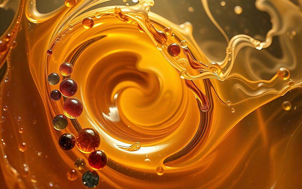 A detailed, close-up view of various carrier substances swirling and blending within a translucent, amber-hued elixir. The foreground showcases vibrant, jewel-toned droplets of essential oils, herbal extracts, and other potent botanical ingredients that comprise the "Lebenselixier 528". The middle ground features the vortex-like motion of the liquid, with ethereal, ghostly tendrils of vapor and mist dancing amidst the swirling concoction. The background is shrouded in a soft, hazy glow, creating an aura of mystery and mysticism around the life-giving potion. Dramatic lighting from multiple angles highlights the transparency and viscosity of the fluid, as well as the intricate interplay of the various carrier compounds. The overall mood is one of alchemical wonder and the power of nature's most potent healing remedies.
