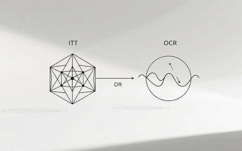 A detailed comparison of the ITT and Orch OR theories of consciousness, depicted with a clean, minimalist aesthetic. In the foreground, two interconnected geometric shapes represent the core concepts of the two theories, one angular and digital, the other organic and fluid. In the middle ground, subtle symbolic elements allude to their similarities and differences - a neural network, a quantum wavefunction. The background is a serene, muted palette, allowing the central elements to take center stage. Soft, directional lighting casts gentle shadows, enhancing the sense of depth and balance. The overall mood is contemplative, inviting the viewer to ponder the mysteries of consciousness.