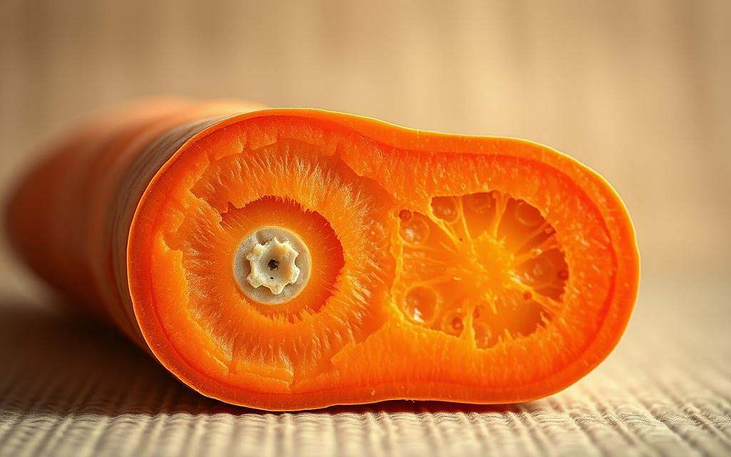 A detailed cross-section of a carrot, showcasing its internal structure and mineral composition. The carrot is rendered in a warm, earthy palette, with a soft focus effect to emphasize the intricate details. The foreground features the carrot's core, highlighting the distribution of nutrients and minerals such as potassium, calcium, and iron. The middle ground reveals the carrot's layers, including the vibrant orange flesh and the thin, delicate skin. The background subtly fades into a neutral, textured backdrop, allowing the carrot's natural beauty to take center stage. The lighting is soft and diffused, creating a sense of depth and dimension. The overall composition aims to convey the nutritional richness and complexity of this humble, yet essential vegetable.