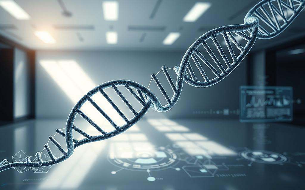 A detailed cross-section of a DNA double helix, rendered in a sleek, futuristic style. The intricate molecular structure is illuminated by a soft, directional light, casting dynamic shadows that accentuate the geometric patterns. In the foreground, a stylized algorithm visualizes the process of pattern recognition, with geometric shapes and lines tracing the flow of genetic information. The middle ground features holographic displays showcasing bioinformatics data analysis, while the background depicts a minimalist, high-tech laboratory environment, hinting at the intersection of biology and information technology.