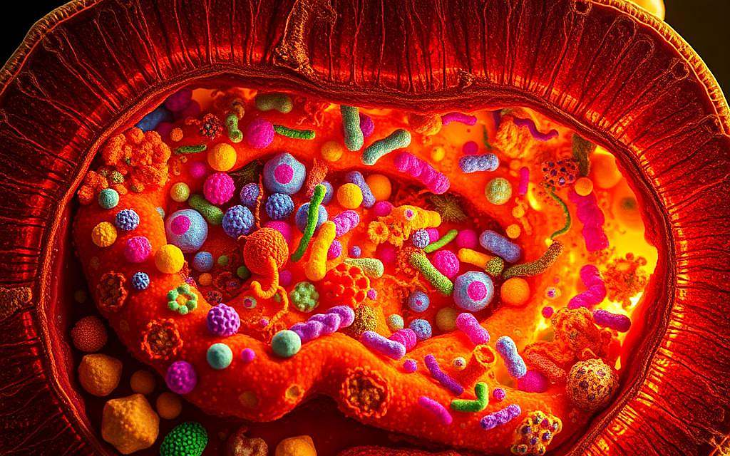 A detailed cross-section of a vibrant, intricate human gut microbiome, showcasing the diverse microbial ecosystem in stunning scientific detail. Clusters of colorful, otherworldly bacteria, archaea, fungi, and viruses thrive in a textured, layered environment, illuminated by a warm, golden light that casts subtle shadows. The foreground features prominent, label-free microbial colonies, while the middle ground reveals a complex network of interconnected microbiota. The background dissolves into a softly blurred, anatomical backdrop, hinting at the microbiome's vital role within the human body. The overall composition strikes a balance between scientific precision and artistic interpretation, capturing the beauty and importance of the gut microbiome.