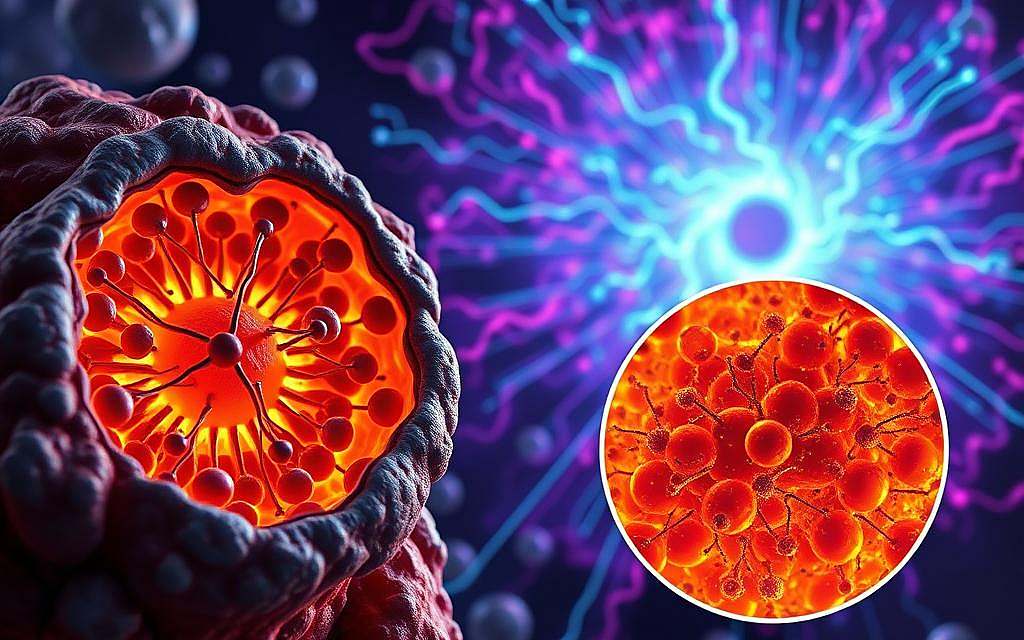 A detailed cross-section of mitochondria, the cellular powerhouses, set against a backdrop of a vibrant, pulsing energy field. In the foreground, intricate structures like cristae, ATP synthase, and the electron transport chain are depicted in vivid detail, showcasing the complex biochemical processes that convert nutrients into the universal energy currency, ATP. The middle ground features a microscopic view of these organelles, their membranous structures and dynamic networks illuminated by a warm, golden glow. In the background, a swirling energy field of electric blues and purples conveys the immense power and vitality of these cellular engines, powering the myriad functions of the living cell.