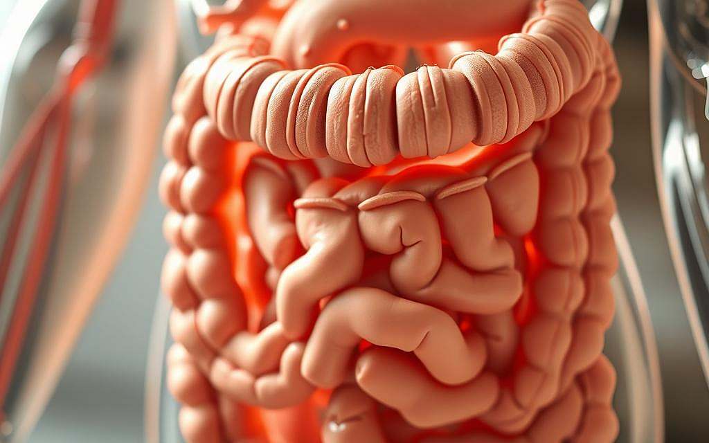 A detailed cross-section of the human digestive system, highlighting the key role of glycine in maintaining a healthy gut. The foreground showcases the intricate structure of the intestinal lining, with its villi and goblet cells, meticulously rendered. The middle ground depicts the underlying muscle layers and connective tissue, while the background features a subtly blurred representation of the surrounding organs and systems. The lighting is soft and naturalistic, emphasizing the delicate balance of the gastrointestinal tract. The overall mood is one of scientific curiosity and appreciation for the body's intricate workings.