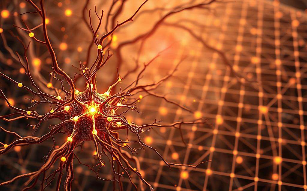 A detailed cross-section of the neural network, with intricate weblike structures of interconnected neurons firing in a dynamic display of information processing. The foreground features a cluster of glowing synapses, while the middle ground shows the complex topology of dendrites and axons. In the background, a subtle grid of neural pathways converges, creating a sense of depth and underlying order. The scene is bathed in a soft, warm light, giving it an ethereal, almost biological feel. The overall impression is one of the brain's remarkable capacity to receive, process, and transmit signals, the foundation of consciousness.