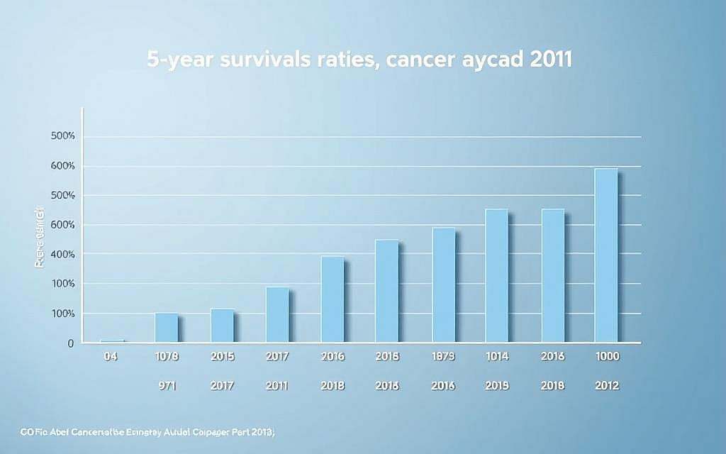 A detailed, data-driven chart displaying 5-year survival rates for various cancer treatments. The chart is presented on a clean, minimalist background, with a muted color palette of blues and grays to convey the serious, analytical nature of the subject matter. The data is represented through a series of clear, easy-to-interpret graphical elements, such as bar graphs and line charts, allowing the viewer to quickly grasp the key insights. The overall composition is balanced and symmetrical, with a focus on presenting the information in a visually compelling and professional manner. Soft, diffused lighting casts a contemplative mood, while a medium camera angle and crisp, realistic rendering ensure the chart appears authoritative and trustworthy.